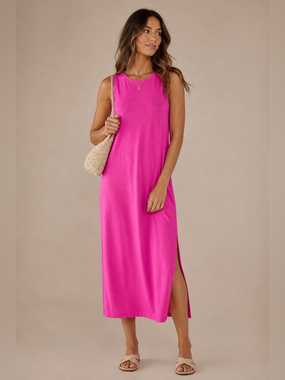 Candace Cameron Bure Sunkissed Hot Pink Sleeveless Midi Dress Slit Stretch S